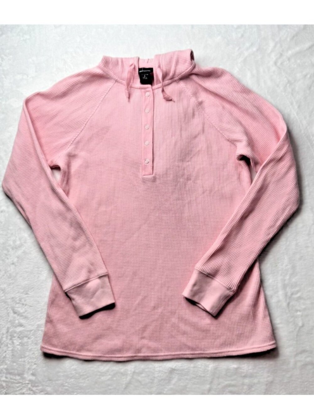 Moda International Size S Womens Waffle Knit Hoodie Shirt Snap Drawstring Pink